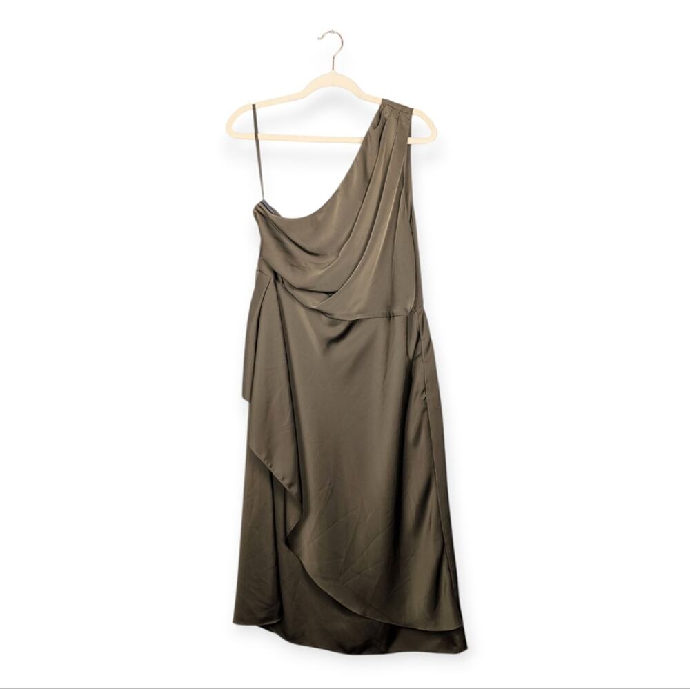 Sachin & Babi Evangeline Olive One Shoulder Draped Midi Dress Size 14